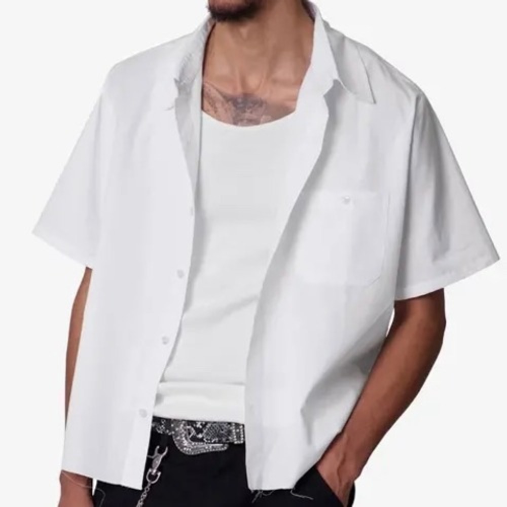 mnml Mens White Cotton Boxy Cropped Raw Hem Short Sleeve Button Down Shirt XS